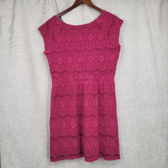 Garnet Hill Raspberry Pink Lace Dress Cap Sleeves Sheath Midi - Picture 9 of 14